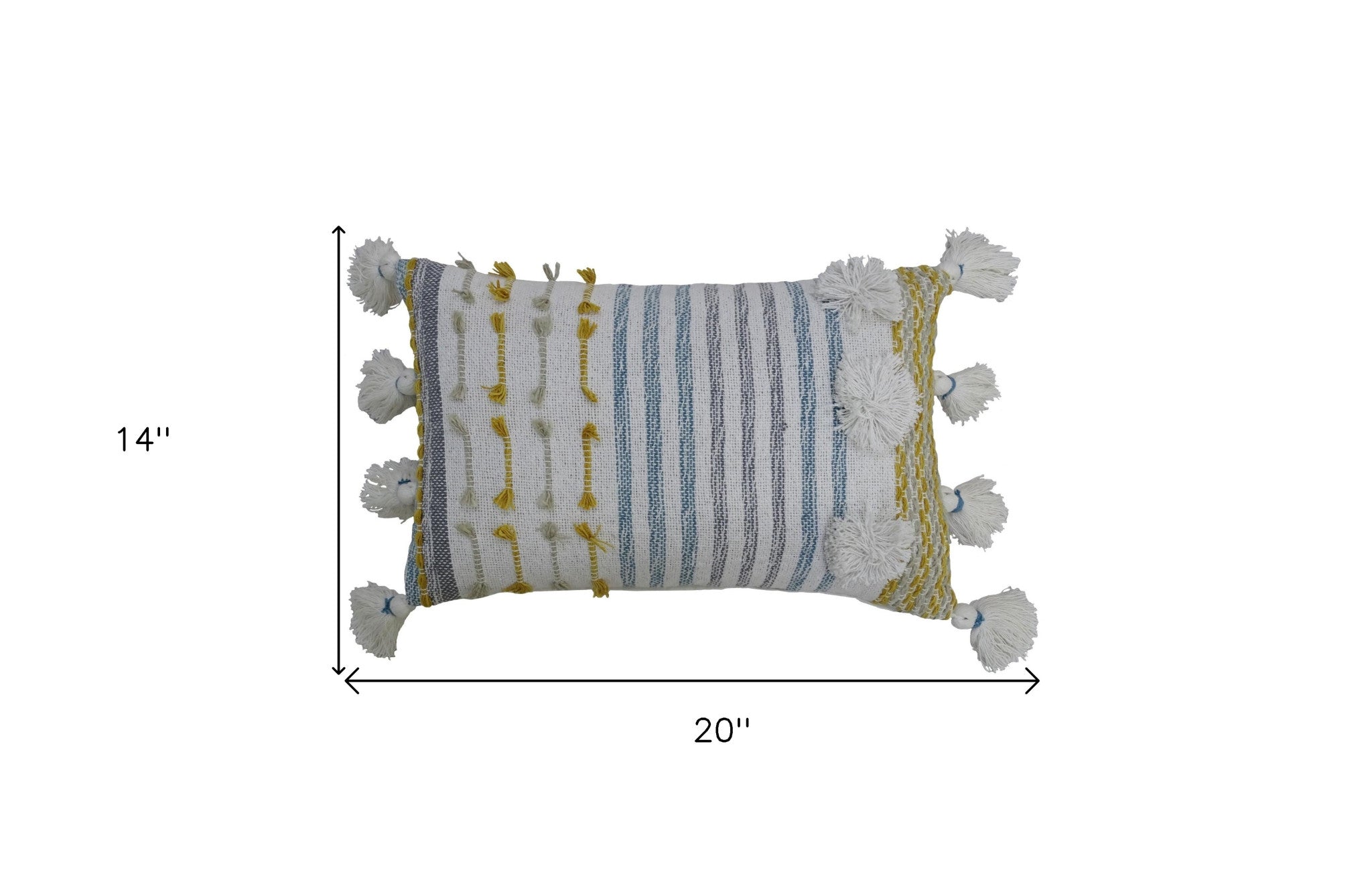 14" X 20" Blue And Yellow Striped Zippered Handmade Cotton Blend Throw Pillow With Tassels