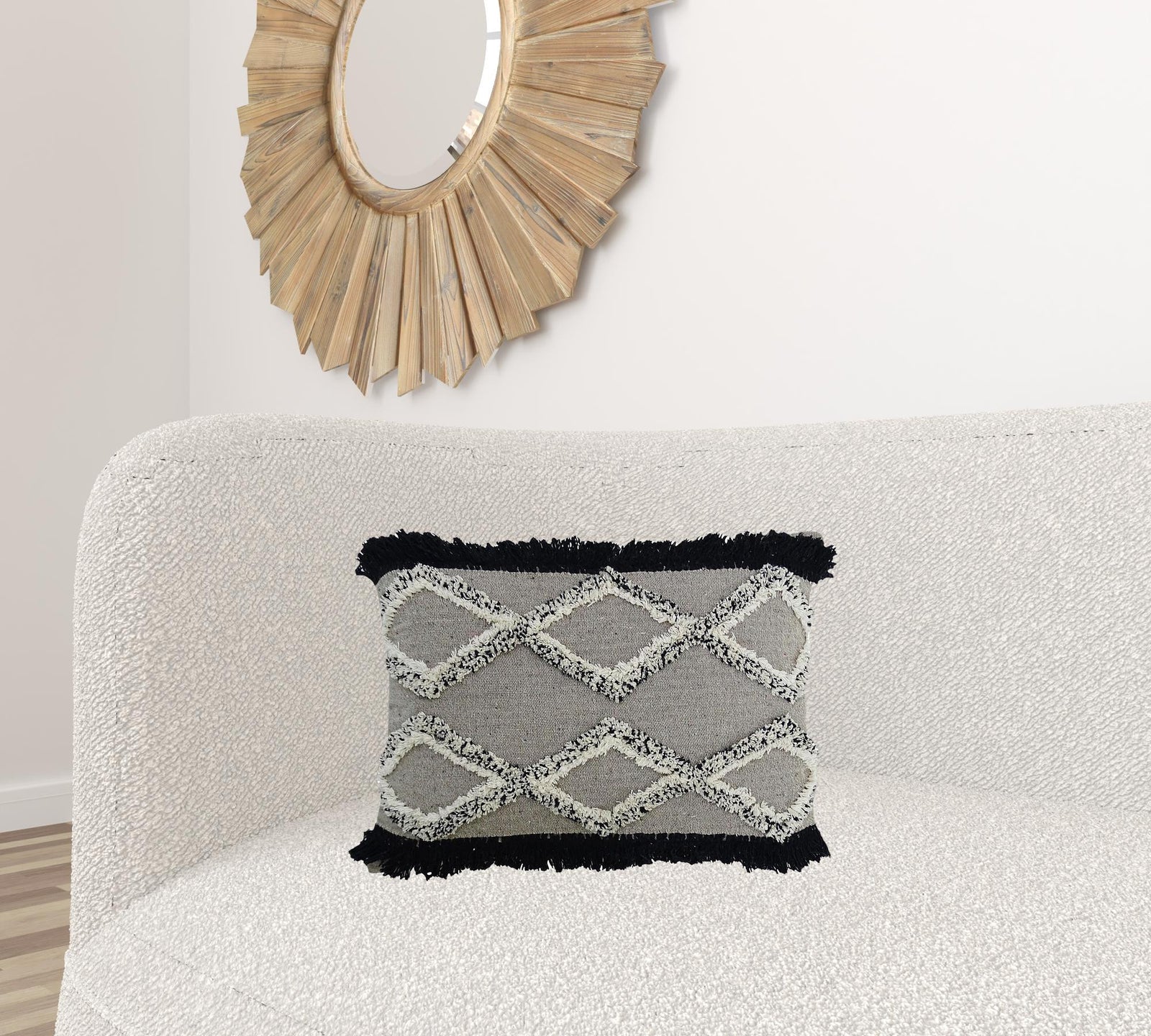 16" X 22" Black And Gray Diamond Handmade Cotton Blend Throw Pillow With Fringe