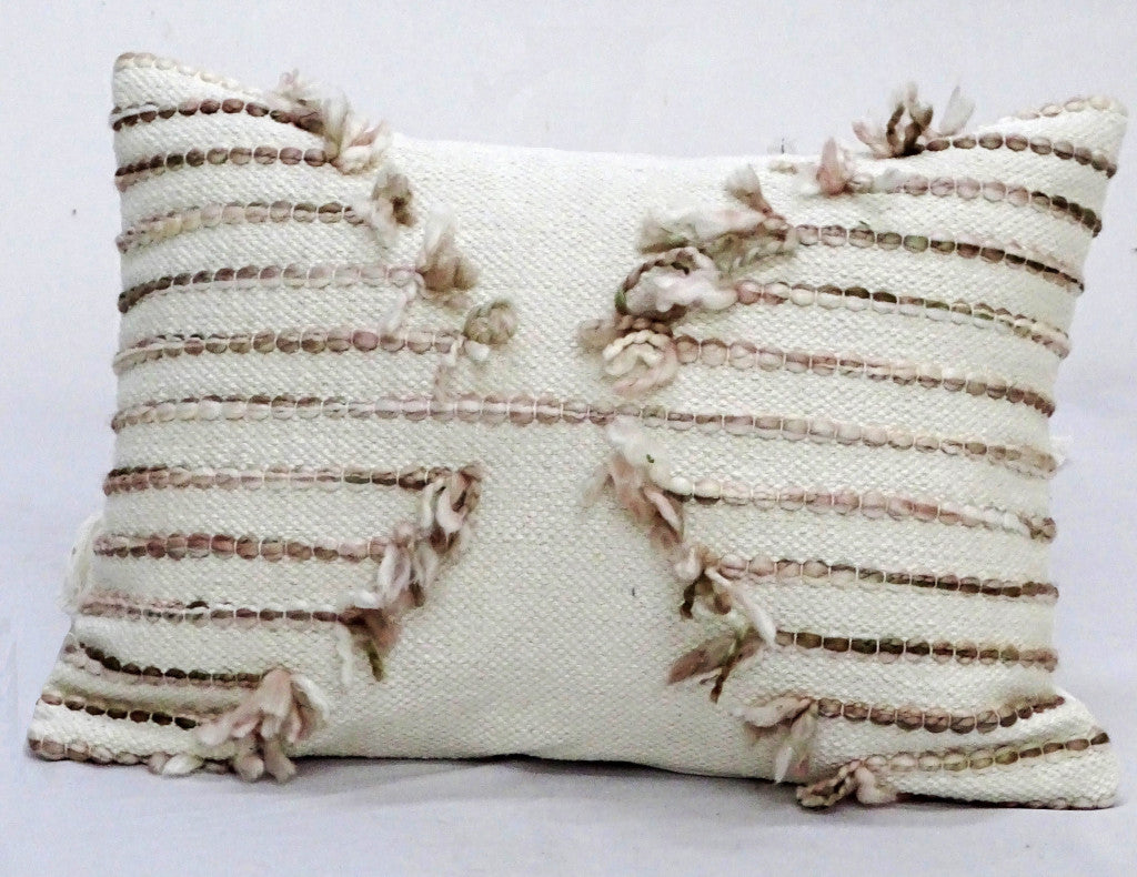 14" X 20" Tan And White Zippered Cotton Blend Geometric Throw Pillow With Pom-poms