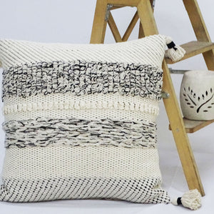 22" X 22" White And Black Zippered Cotton Blend Ribbed Throw Pillow With Tassels