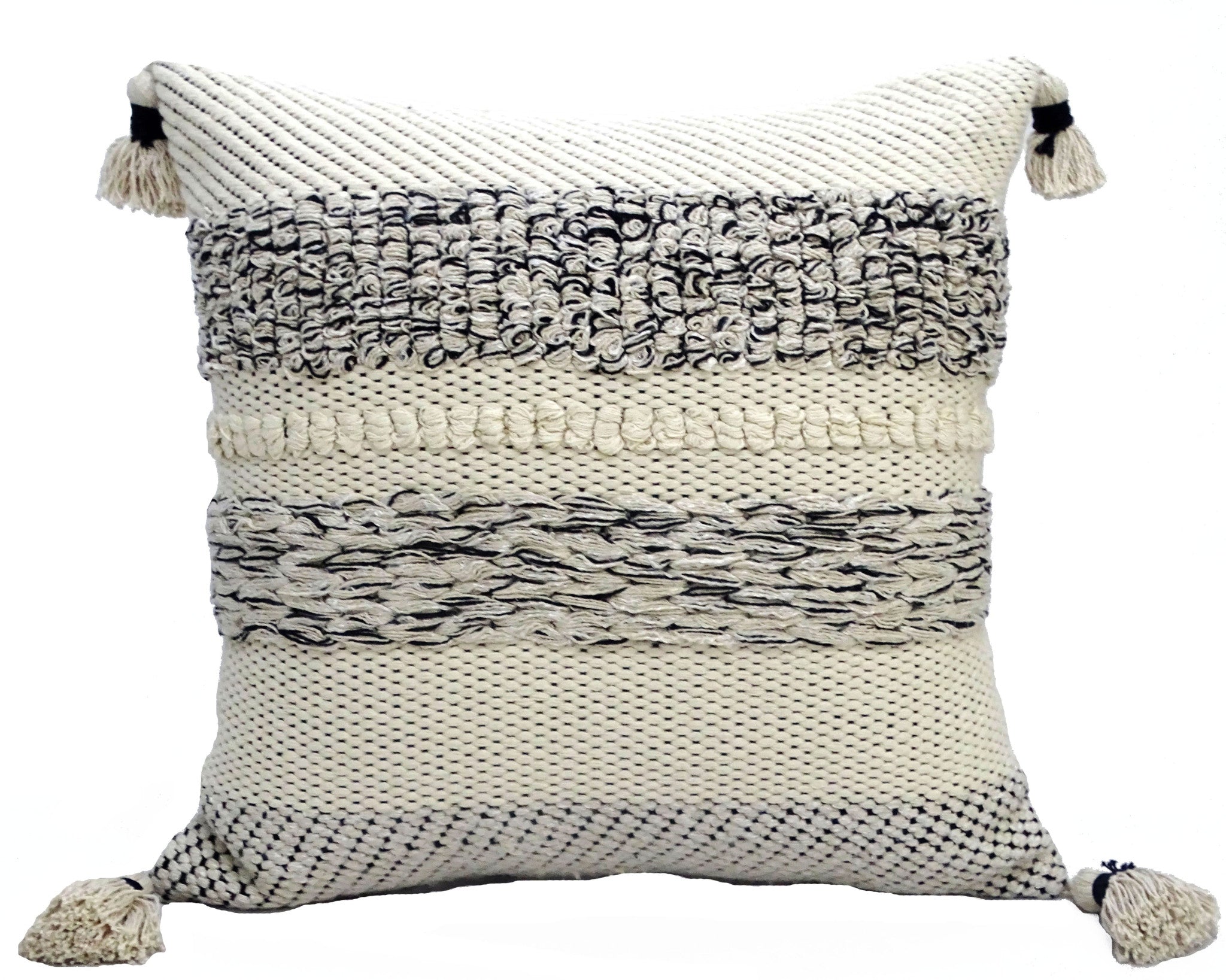 22" X 22" White And Black Zippered Cotton Blend Ribbed Throw Pillow With Tassels