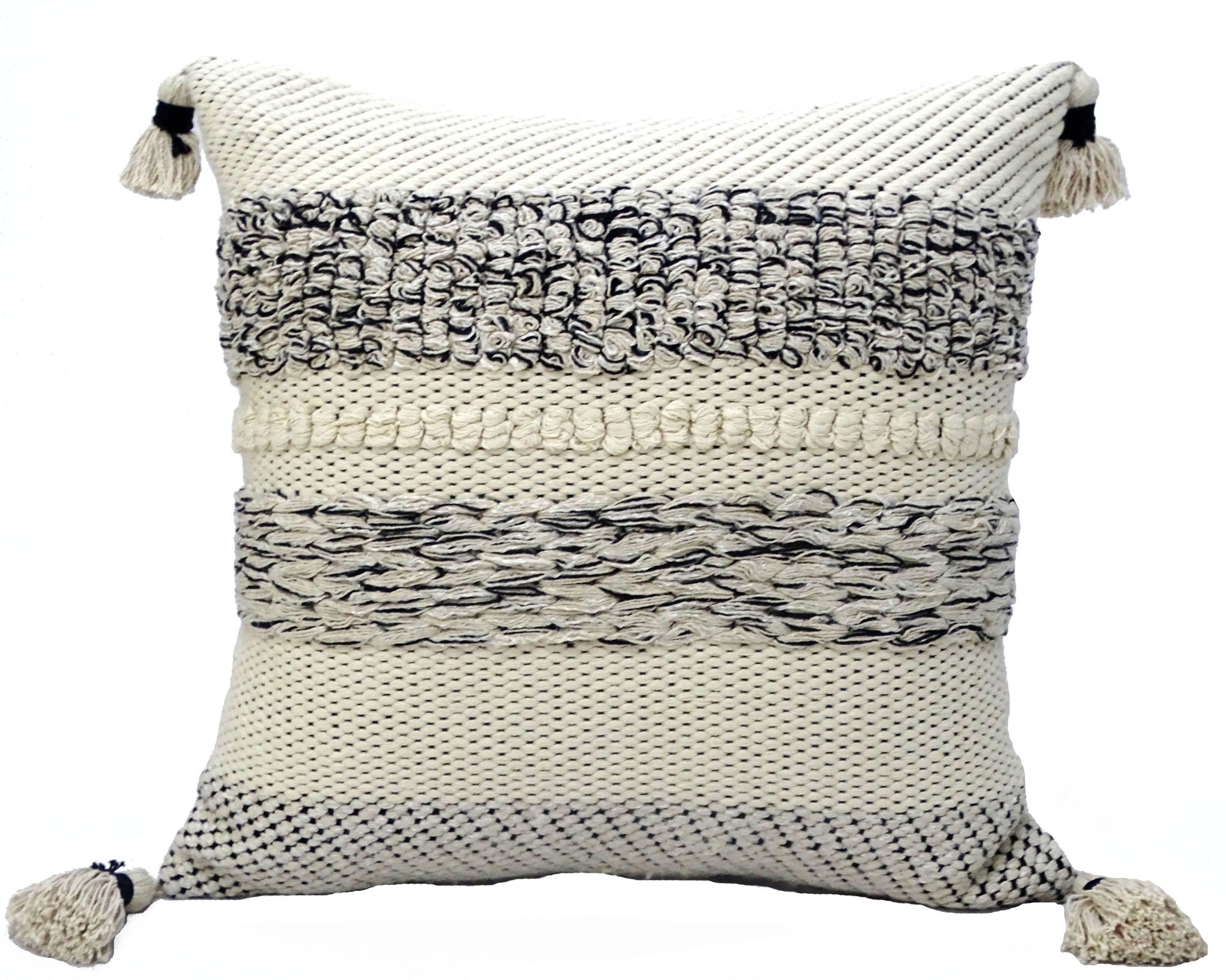 22" X 22" White And Black Zippered Cotton Blend Ribbed Throw Pillow With Tassels