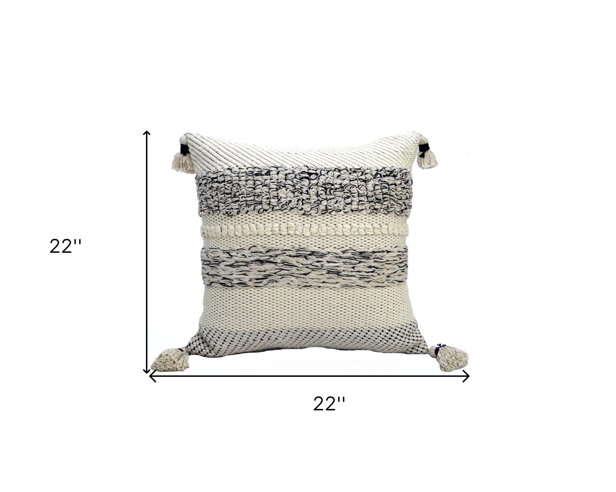 22" X 22" White And Black Zippered Cotton Blend Ribbed Throw Pillow With Tassels