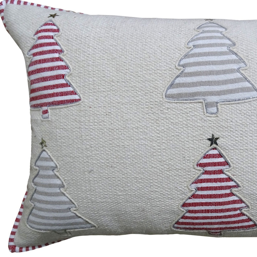 14" X 24" Red And White Zippered Cotton Blend Christmas Trees Throw Pillow