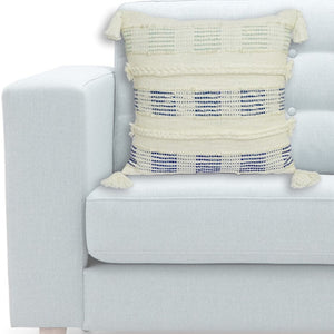 22" X 22" Off White And Blue Checkered Zippered Handmade Cotton Blend Throw Pillow With Tassels