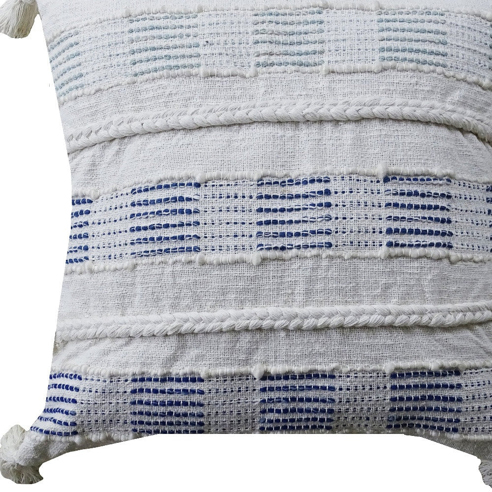 22" X 22" Off White And Blue Checkered Zippered Handmade Cotton Blend Throw Pillow With Tassels