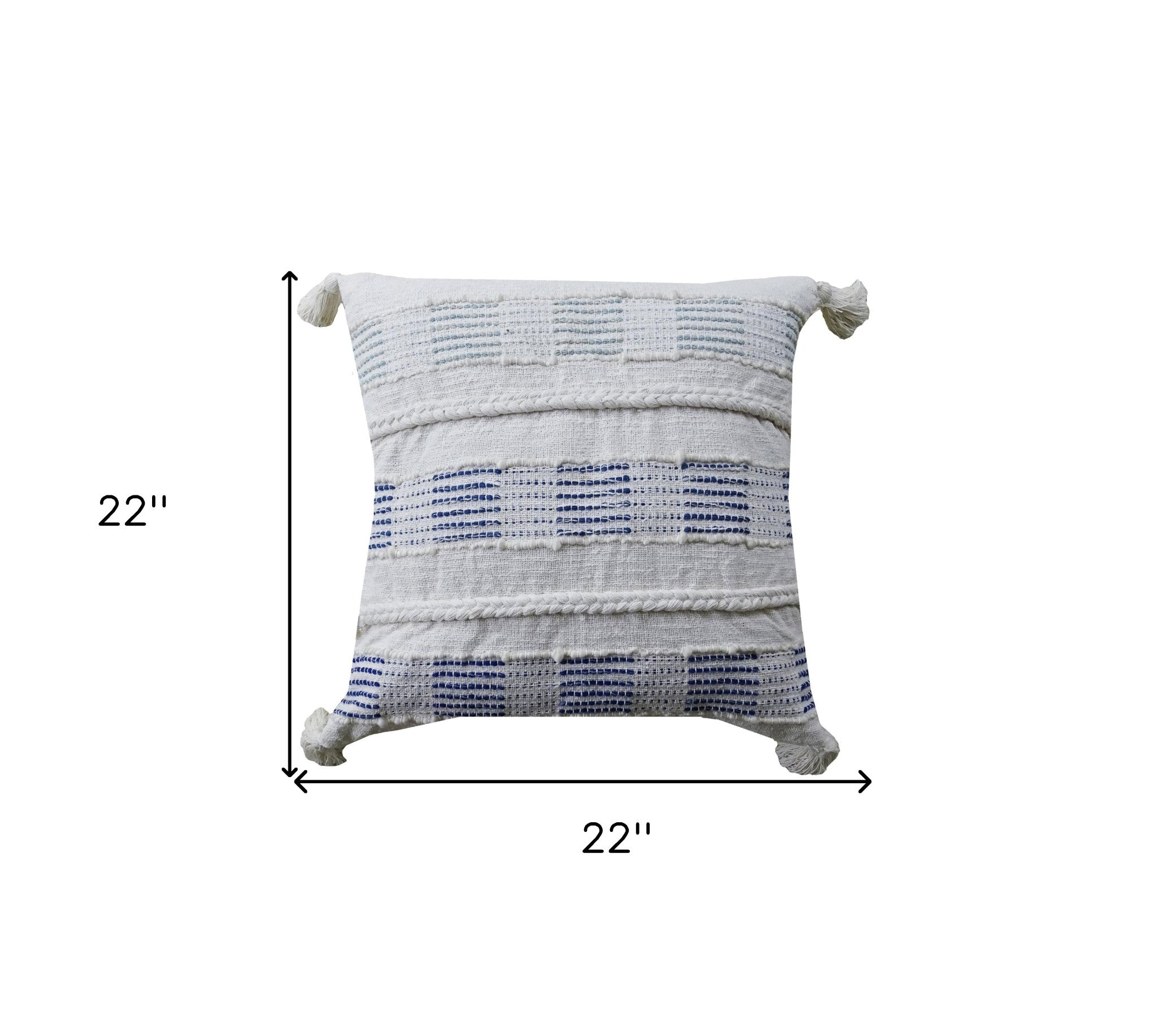 22" X 22" Off White And Blue Checkered Zippered Handmade Cotton Blend Throw Pillow With Tassels