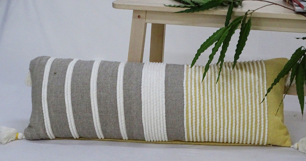 14" X 36" Gray And Yellow Striped Handmade Cotton Blend Throw Pillow With Tassels