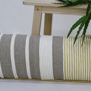 14" X 36" Gray And Yellow Striped Handmade Cotton Blend Throw Pillow With Tassels