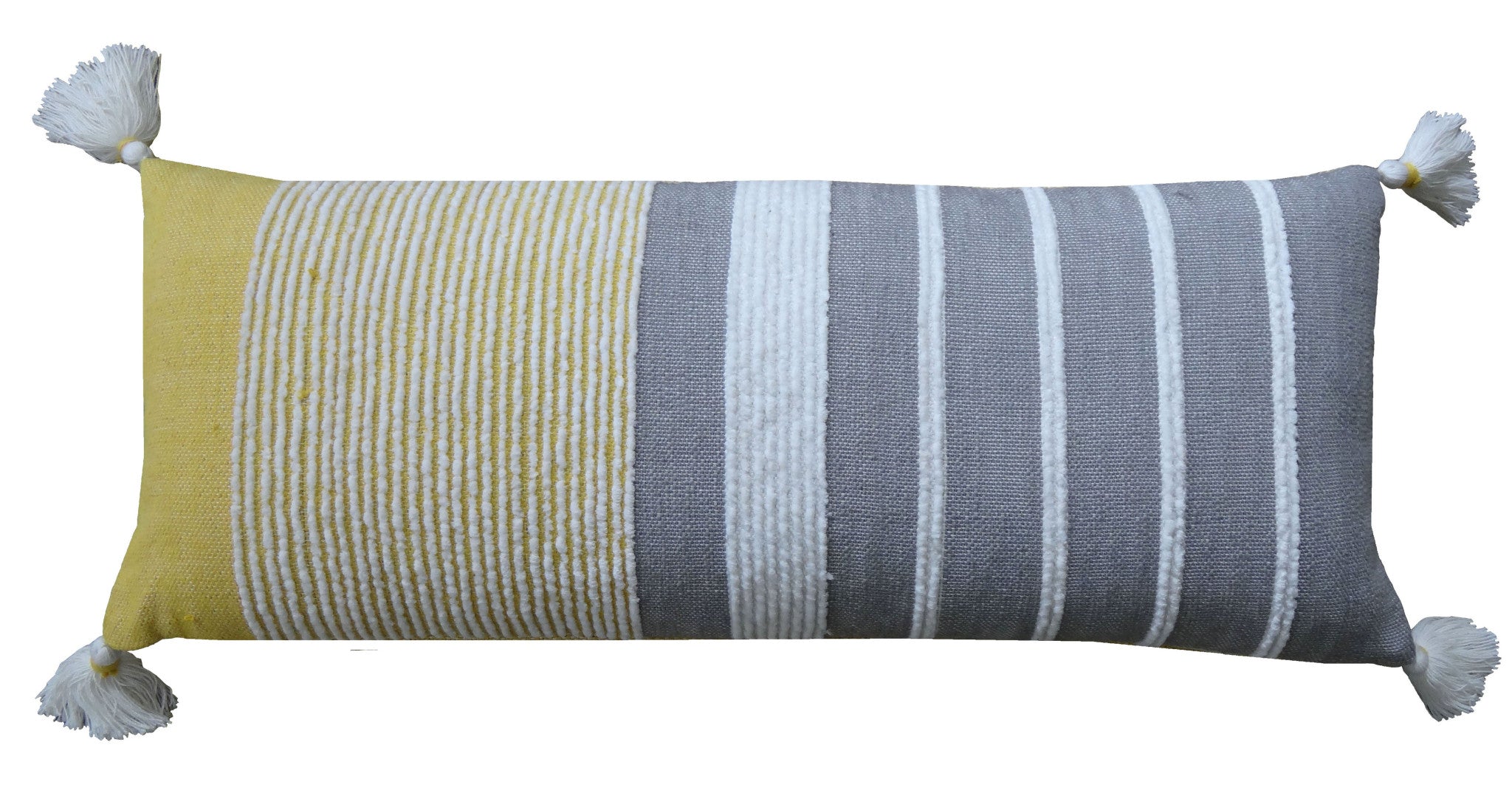 14" X 36" Gray And Yellow Striped Handmade Cotton Blend Throw Pillow With Tassels