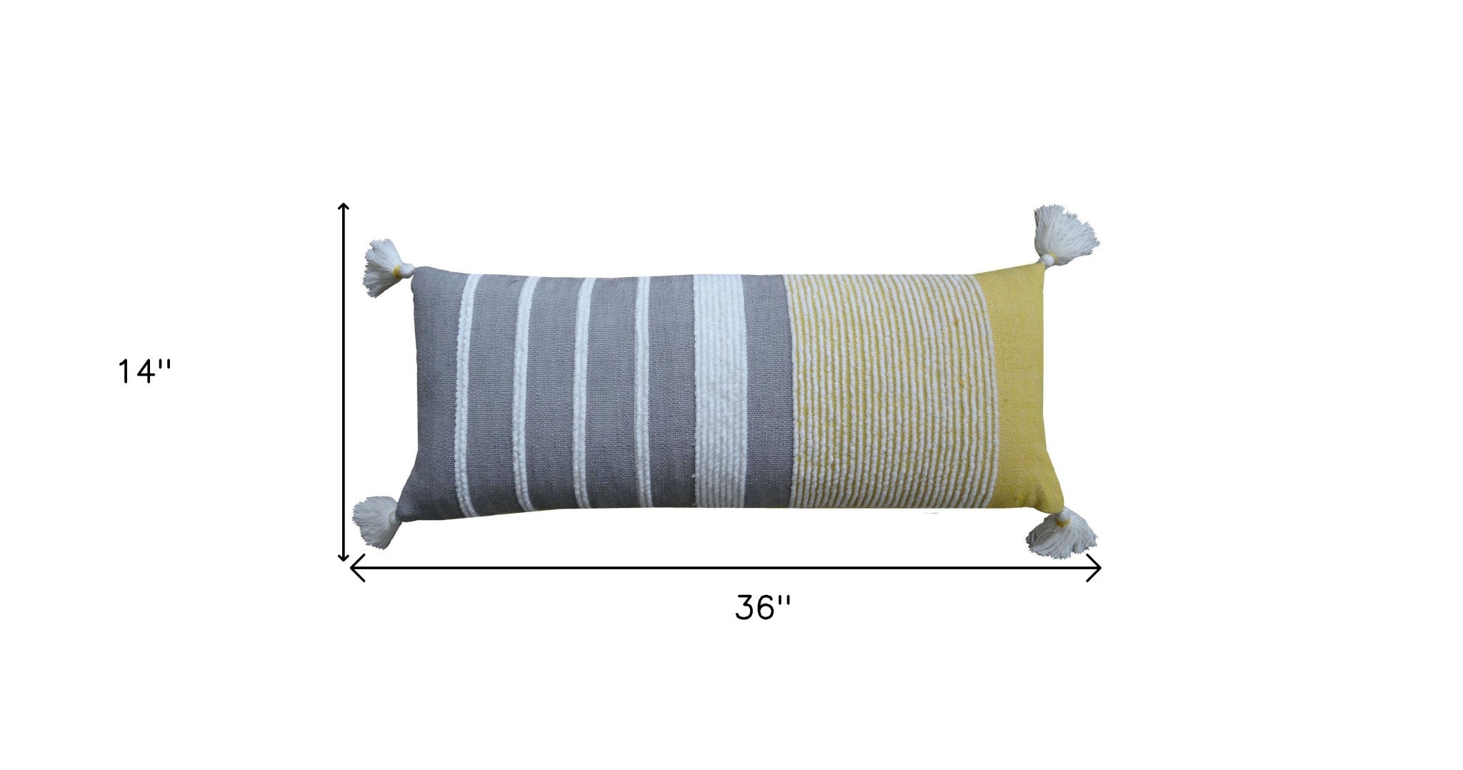 14" X 36" Gray And Yellow Striped Handmade Cotton Blend Throw Pillow With Tassels