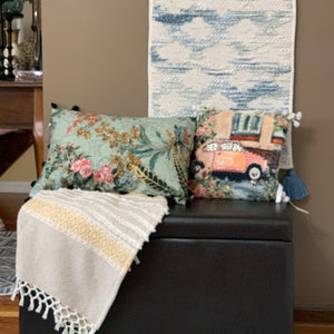 14" X 20" Green And Yellow Floral Zippered Handmade Cotton Blend Throw Pillow With Pom Poms