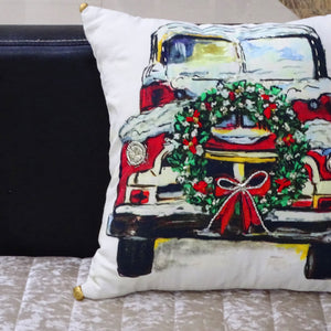 18" X 18" Red And Green Handmade Christmas Car Throw Pillow With Pom Poms