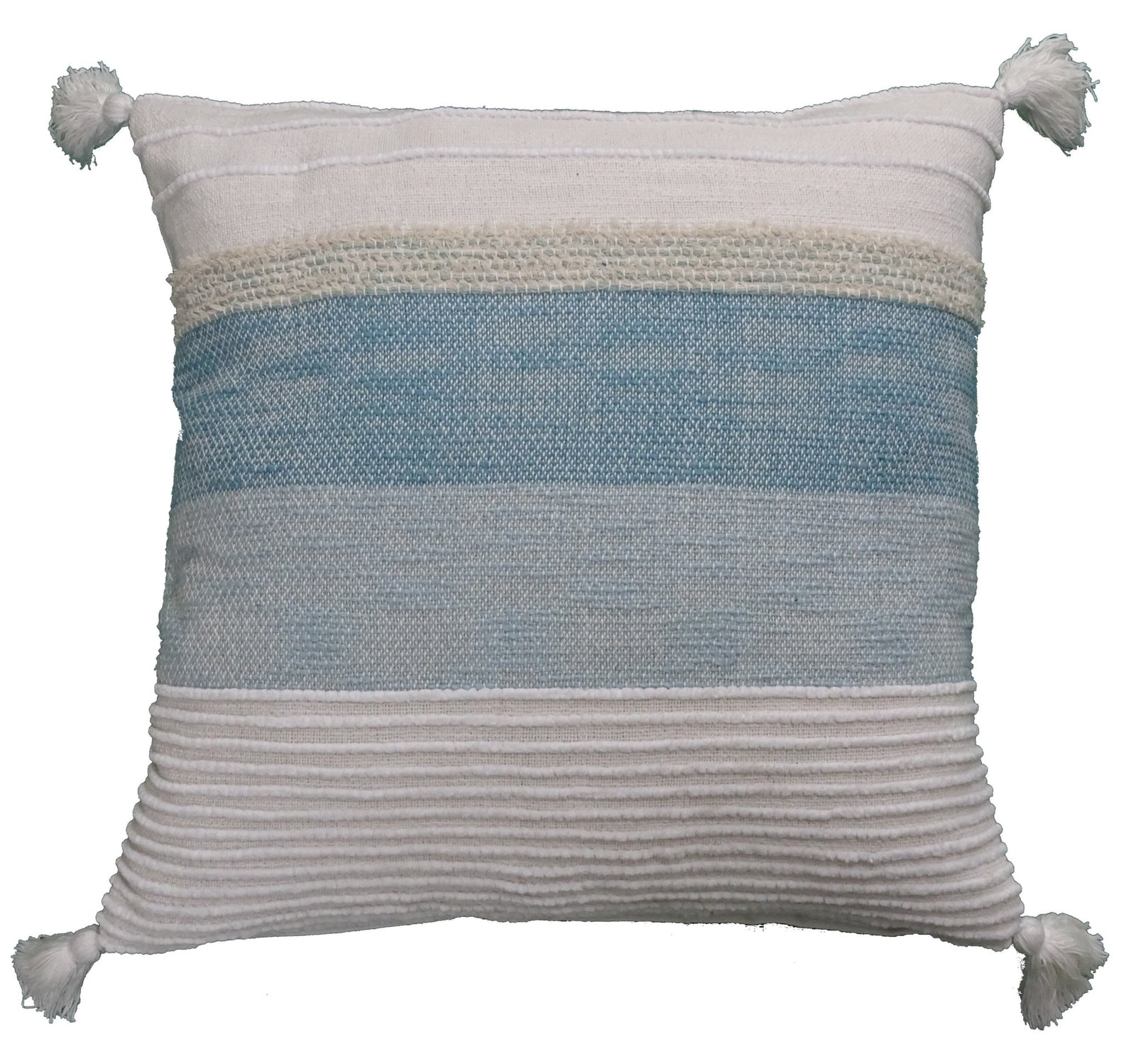 22" X 22" White And Light Blue Striped Zippered Handmade Cotton Blend Throw Pillow With Tassels