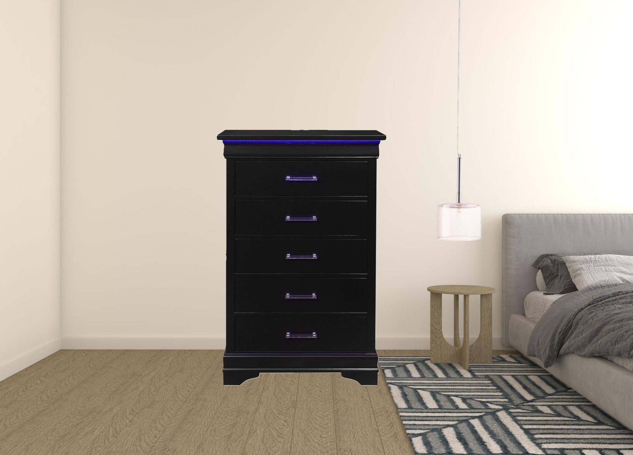 Black Solid Wood Five Drawer Chest with LED Lights 16"