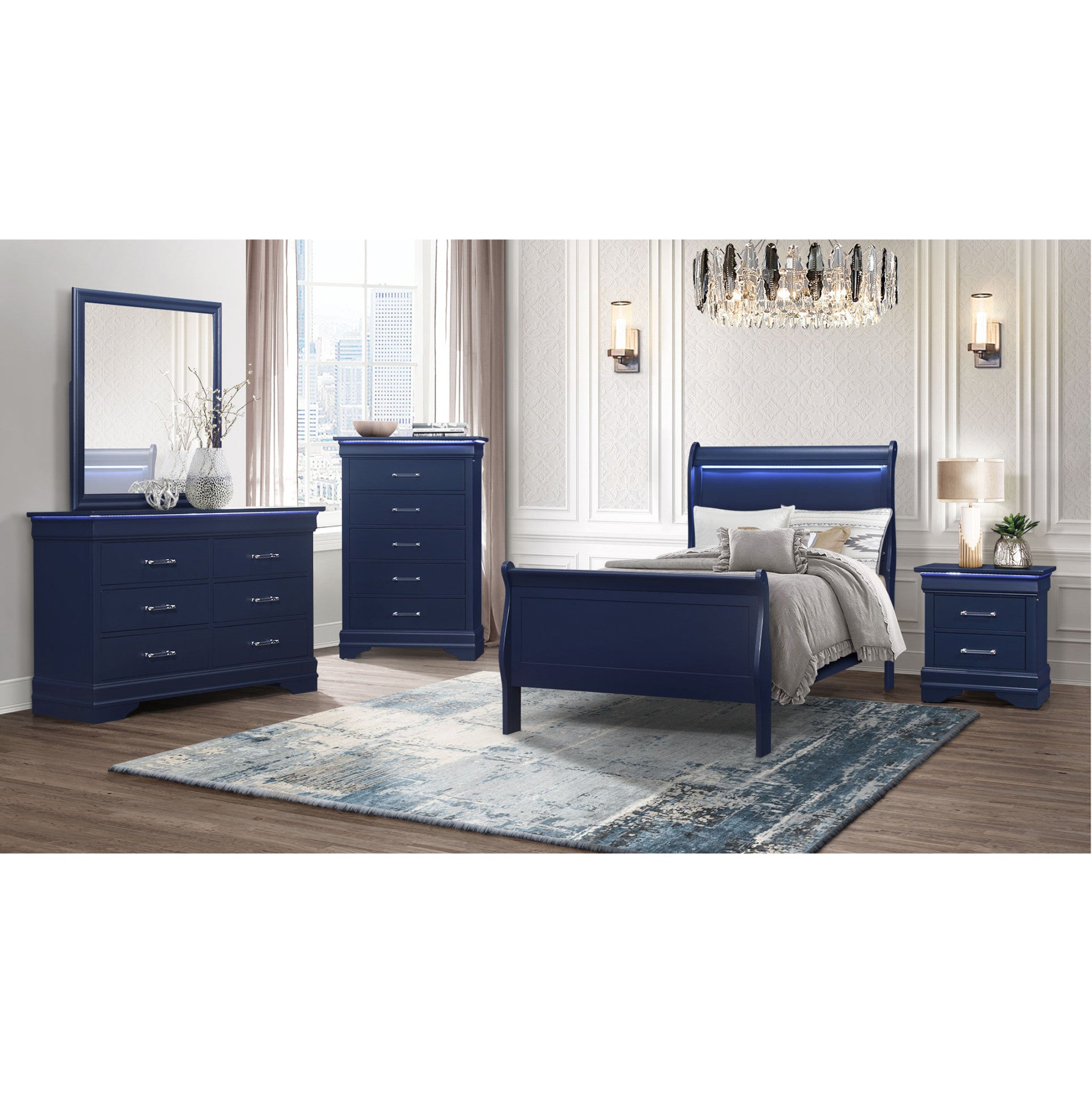 Blue Solid Wood Five Drawer Chest with LED Lighting 16"