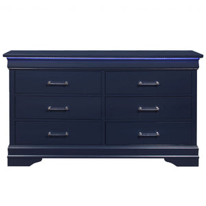 Blue Solid Wood Six Drawer Double Dresser with LED 59"
