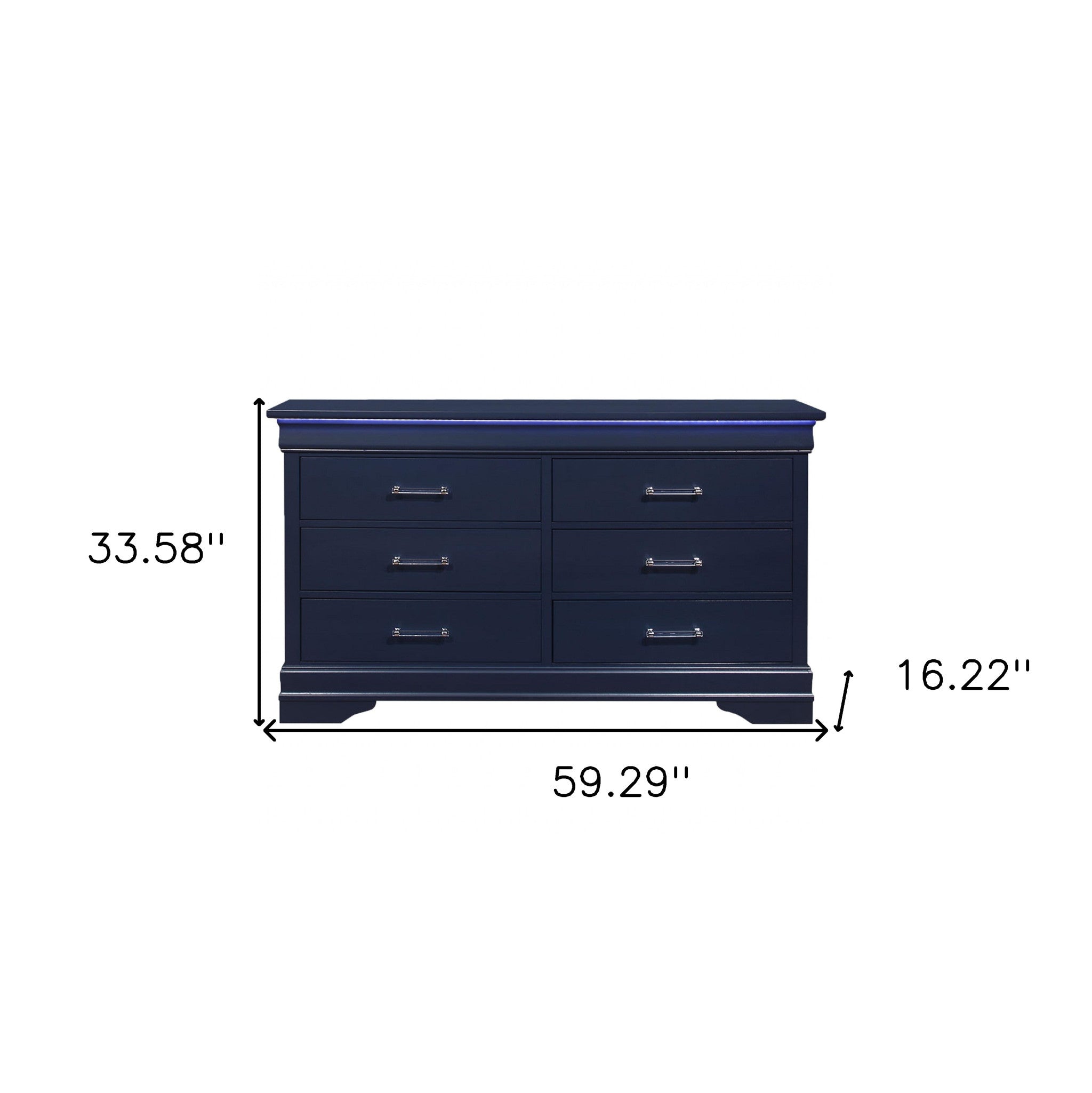 Blue Solid Wood Six Drawer Double Dresser with LED 59"