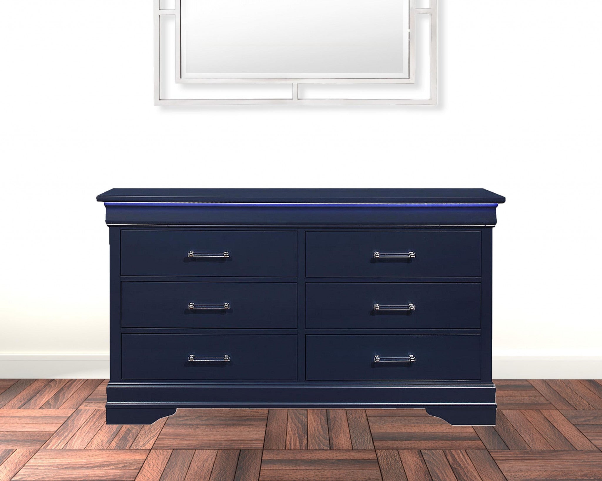 Blue Solid Wood Six Drawer Double Dresser with LED 59"