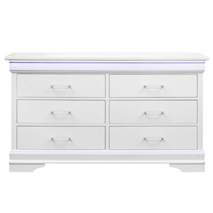 White Solid Wood Six Drawer Double Dresser with LED 59"