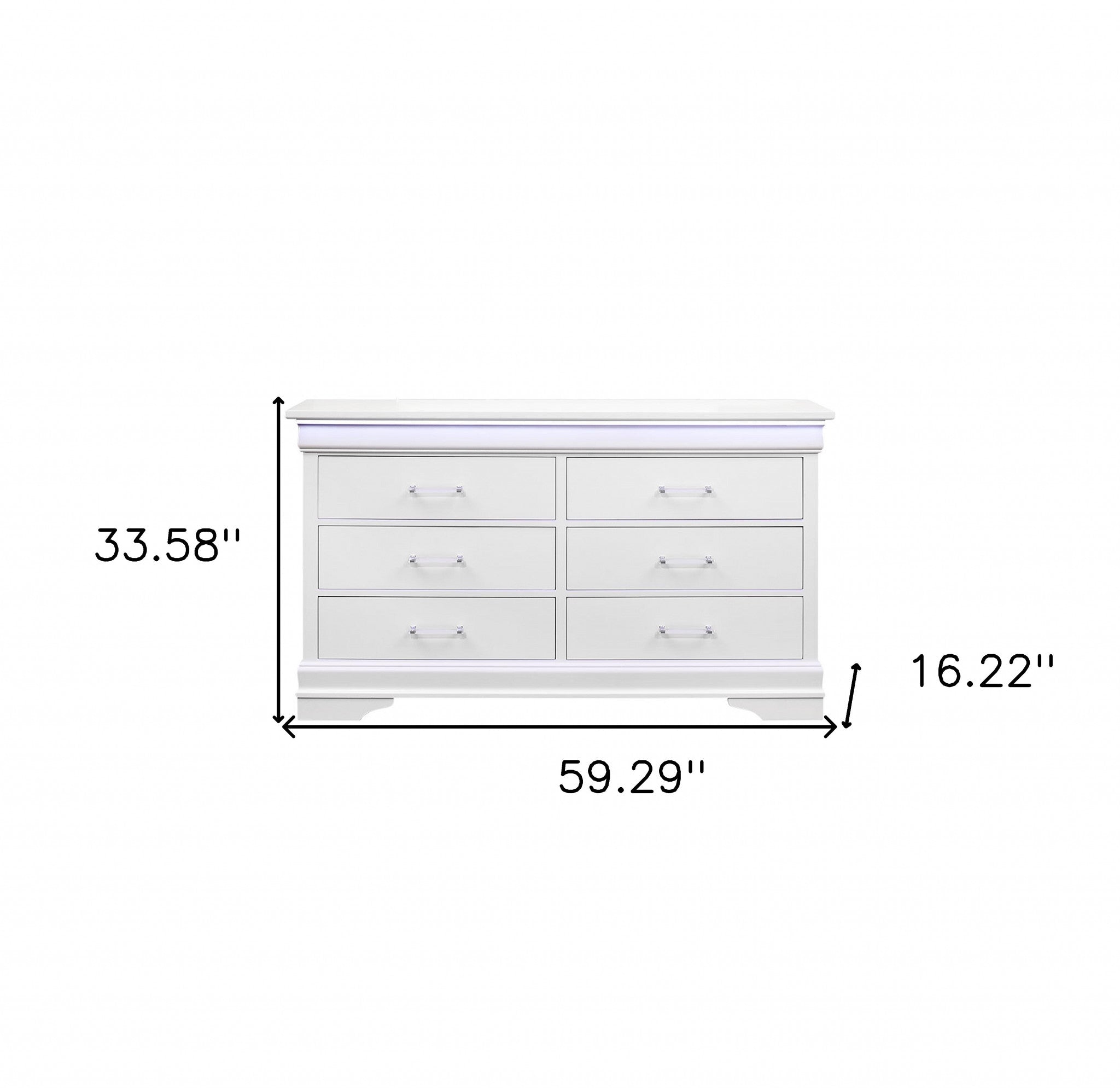 White Solid Wood Six Drawer Double Dresser with LED 59"