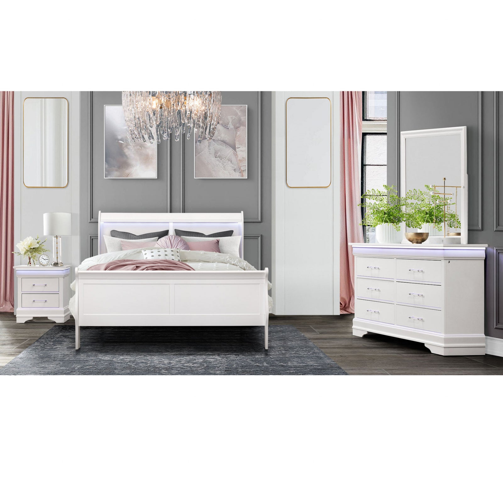 White Solid Wood Six Drawer Double Dresser with LED 59"