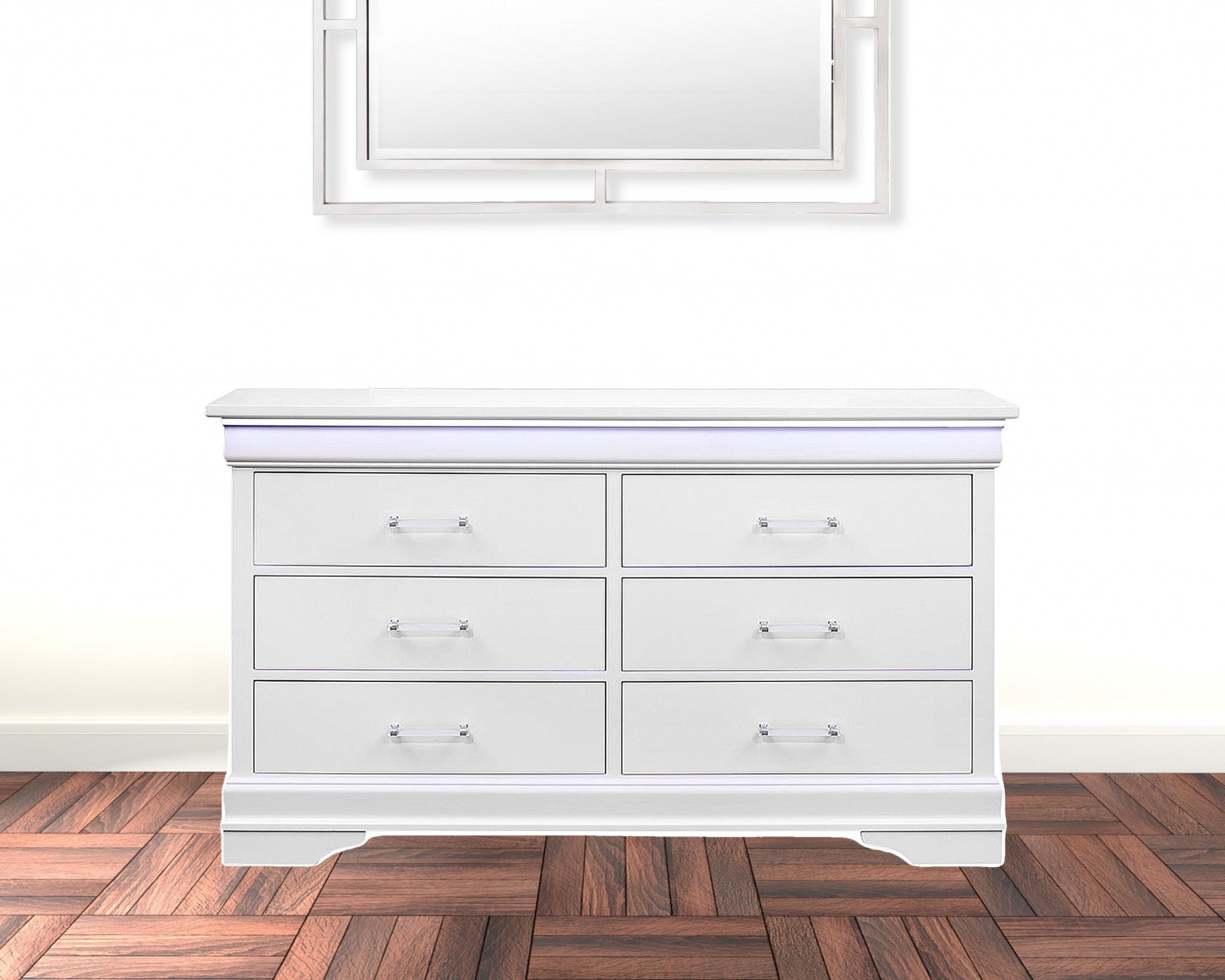 White Solid Wood Six Drawer Double Dresser with LED 59"