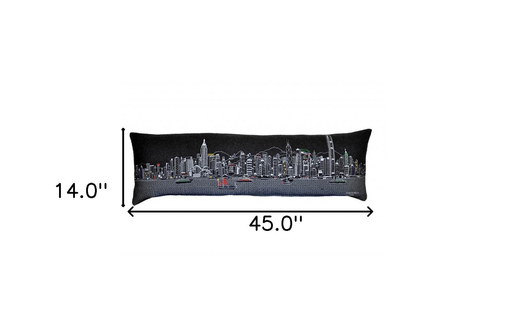 45" Black Hong Kong Nighttime Skyline Lumbar Decorative Pillow