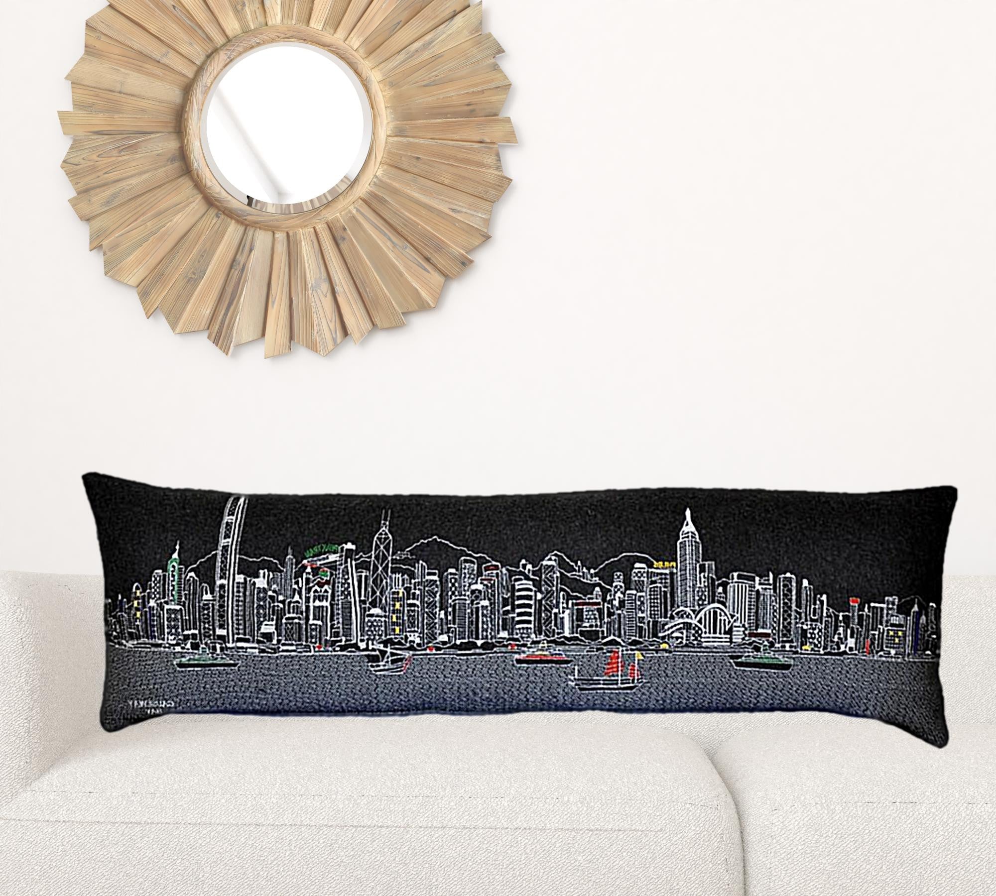 45" Black Hong Kong Nighttime Skyline Lumbar Decorative Pillow