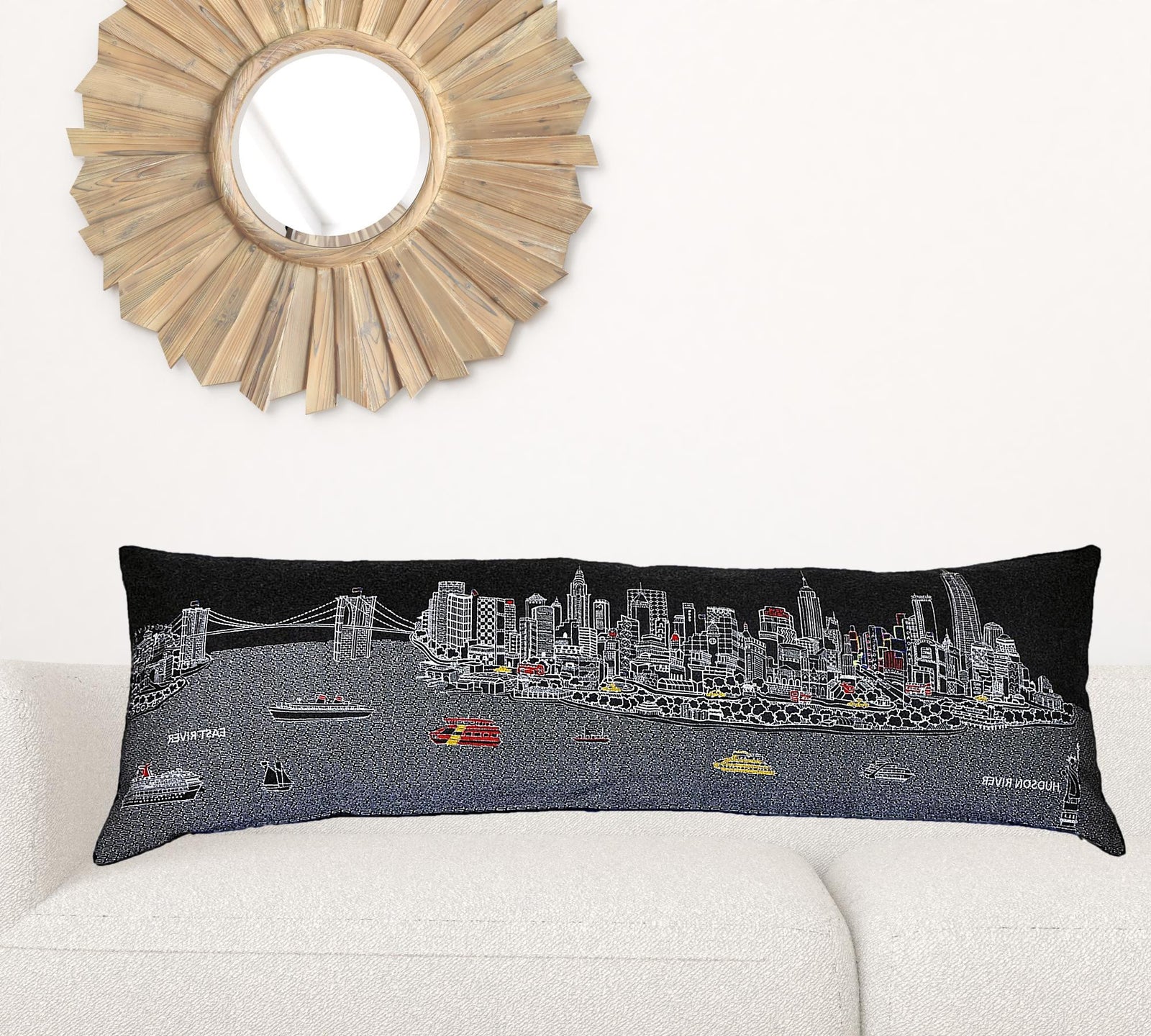 45" Black and White NYC Nighttime Skyline Lumbar Decorative Pillow