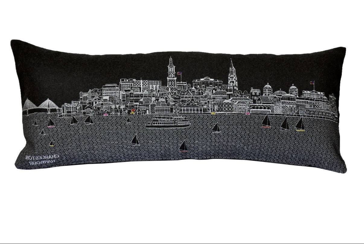 24" Black Charleston Nighttime Skyline Lumbar Decorative Pillow