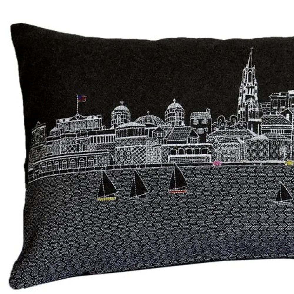 24" Black Charleston Nighttime Skyline Lumbar Decorative Pillow