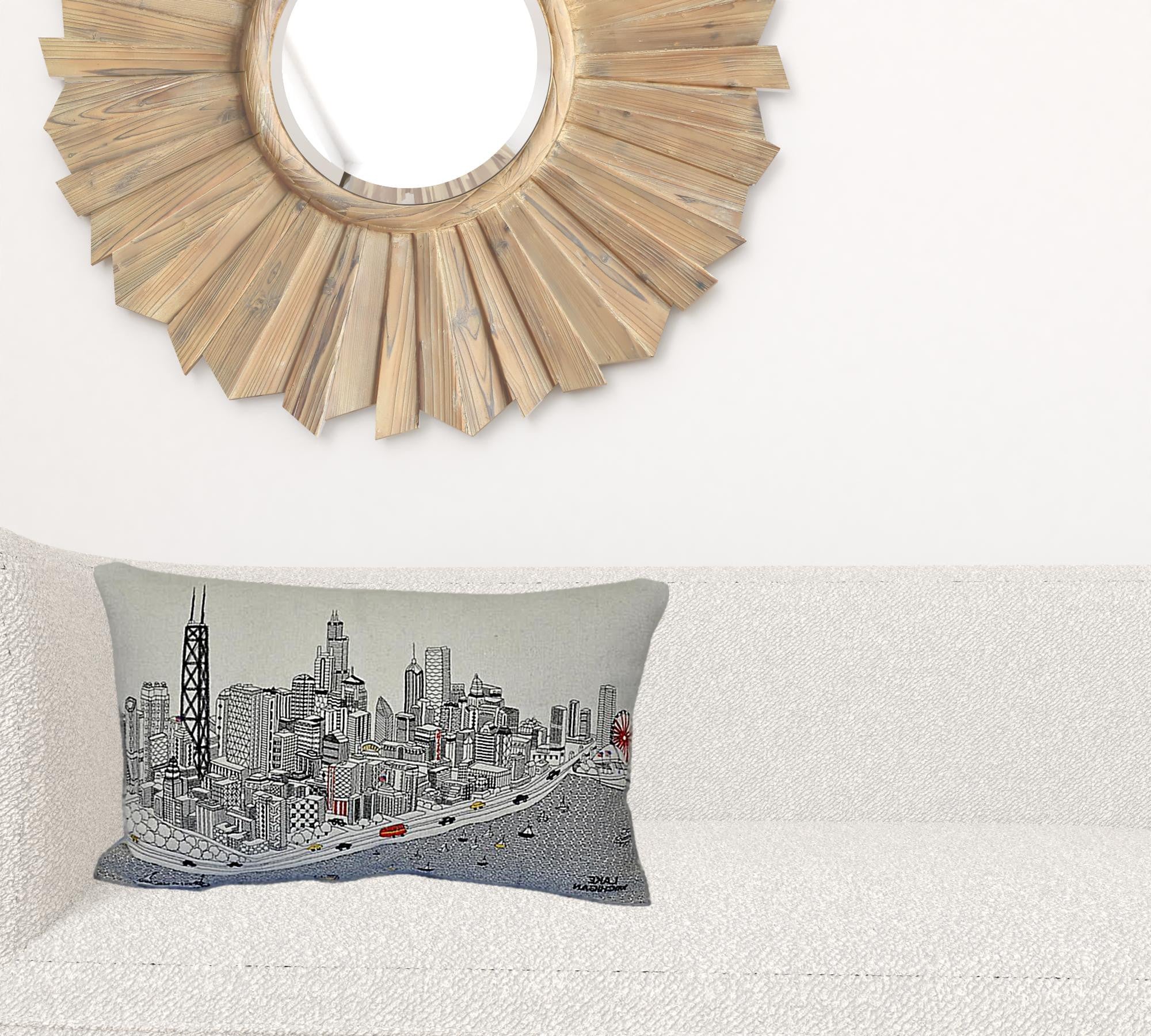 24" White Chicago Daylight Skyline Lumbar Decorative Pillow