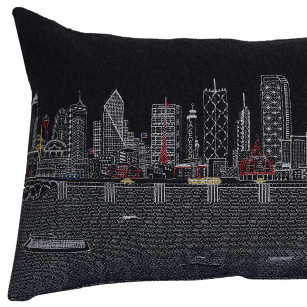 24" Black Dallas Nighttime Skyline Lumbar Decorative Pillow