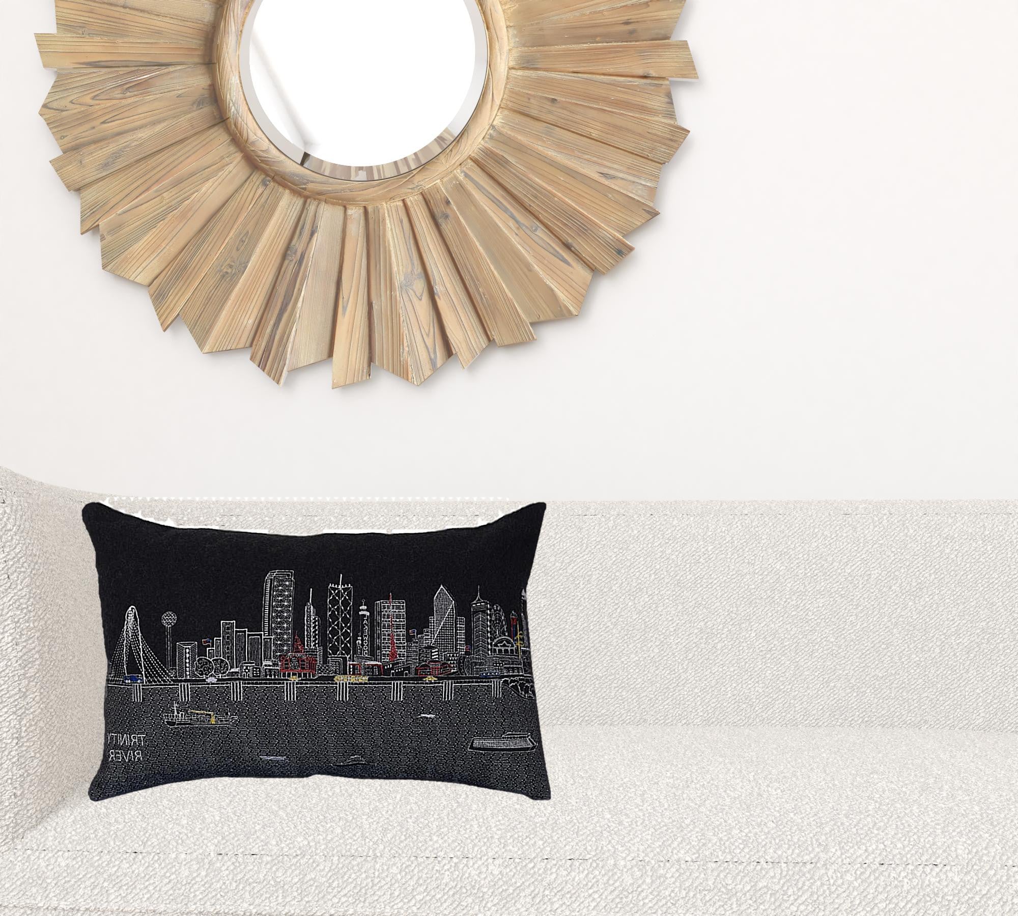 24" Black Dallas Nighttime Skyline Lumbar Decorative Pillow