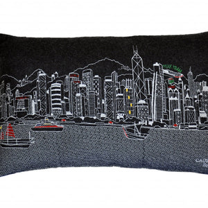 24" Black Hong Kong Nighttime Skyline Lumbar Decorative Pillow