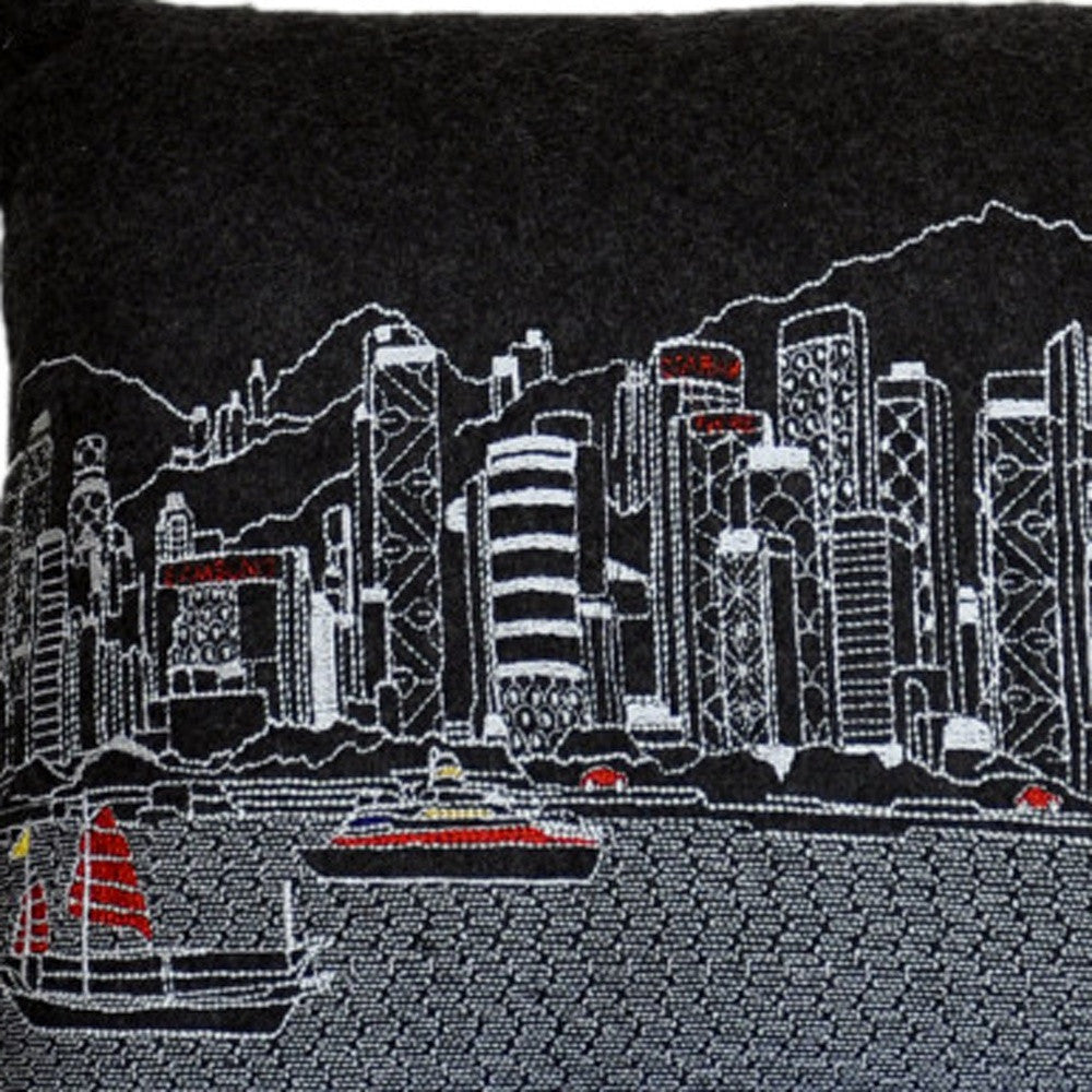 24" Black Hong Kong Nighttime Skyline Lumbar Decorative Pillow