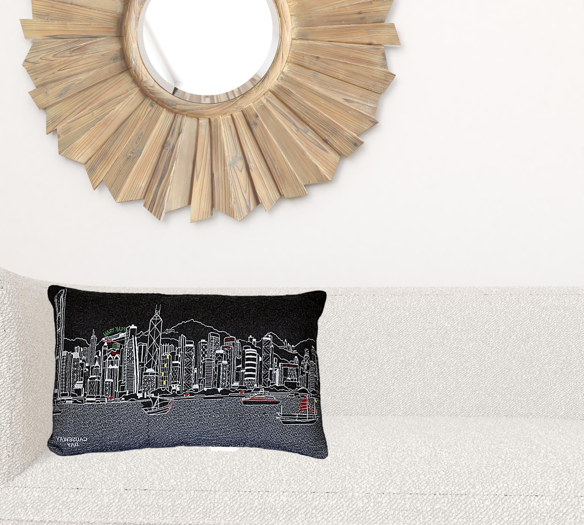 24" Black Hong Kong Nighttime Skyline Lumbar Decorative Pillow