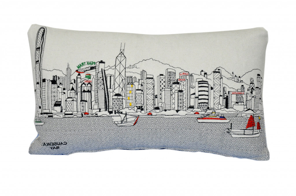 24" White Hong Kong Daylight Skyline Lumbar Decorative Pillow