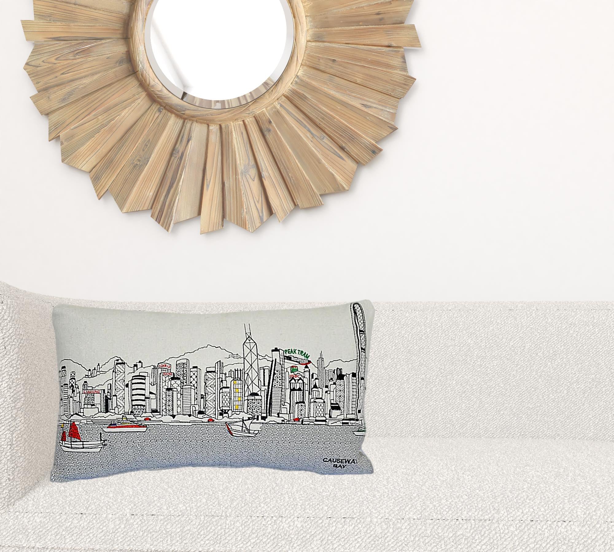 24" White Hong Kong Daylight Skyline Lumbar Decorative Pillow