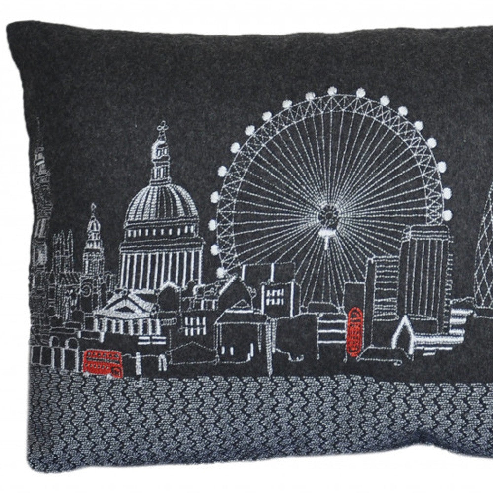24" Black and White London Nighttime Skyline Lumbar Decorative Pillow