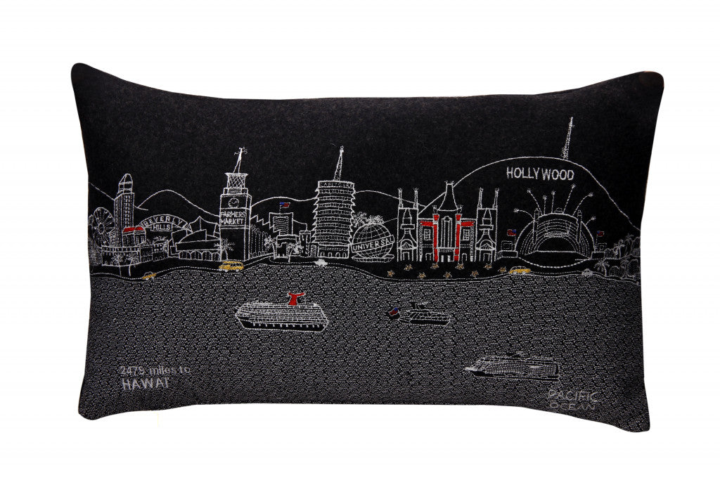 24" Black Los Angeles Nighttime Skyline Lumbar Decorative Pillow