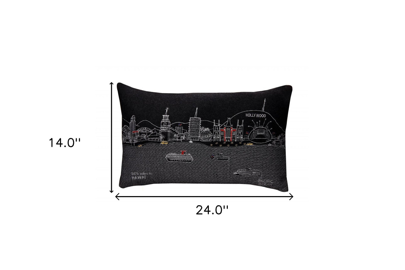 24" Black Los Angeles Nighttime Skyline Lumbar Decorative Pillow