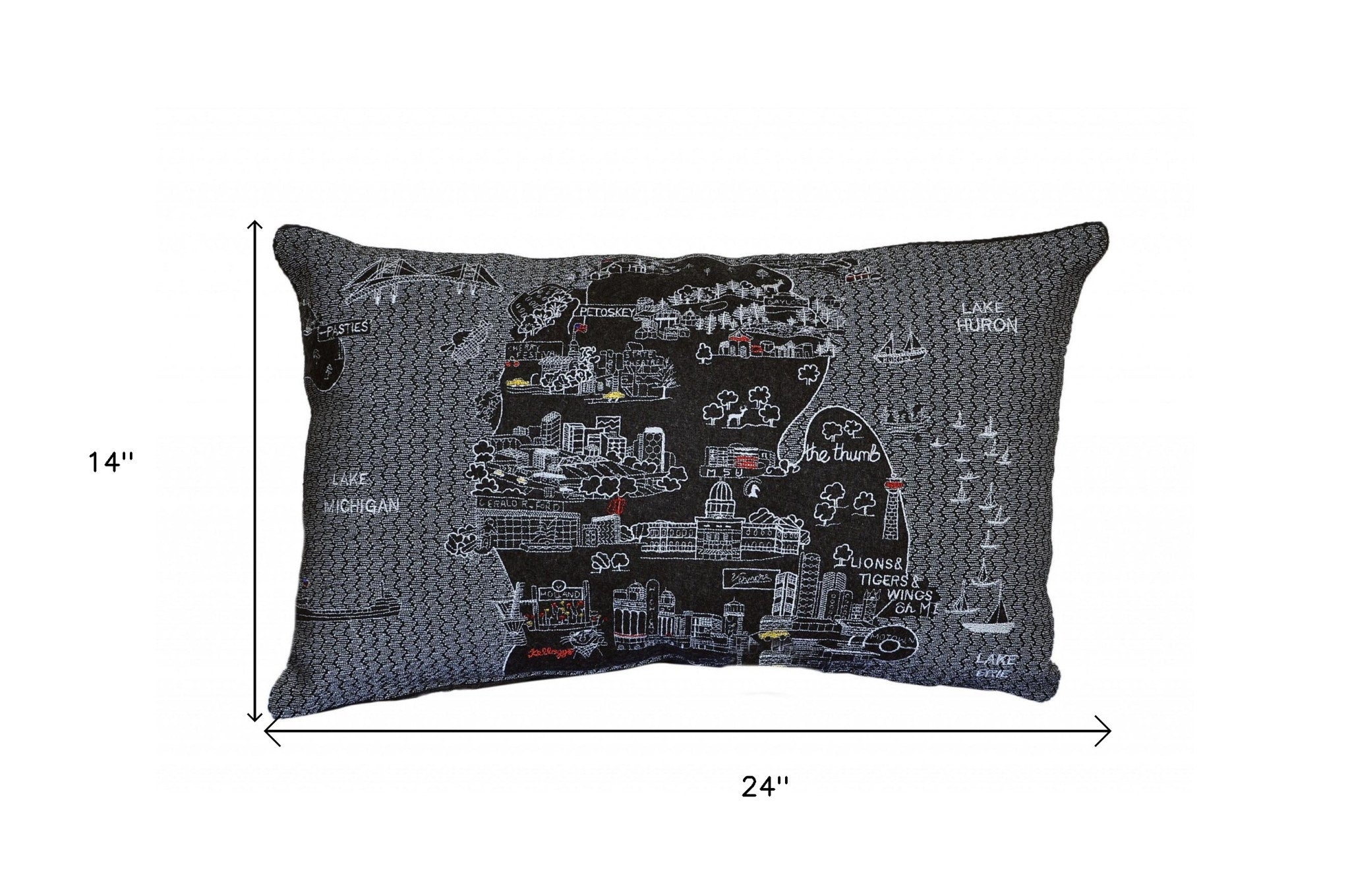 24" Black Michigan Lower Peninsula Nighttime Skyline Lumbar Decorative Pillow