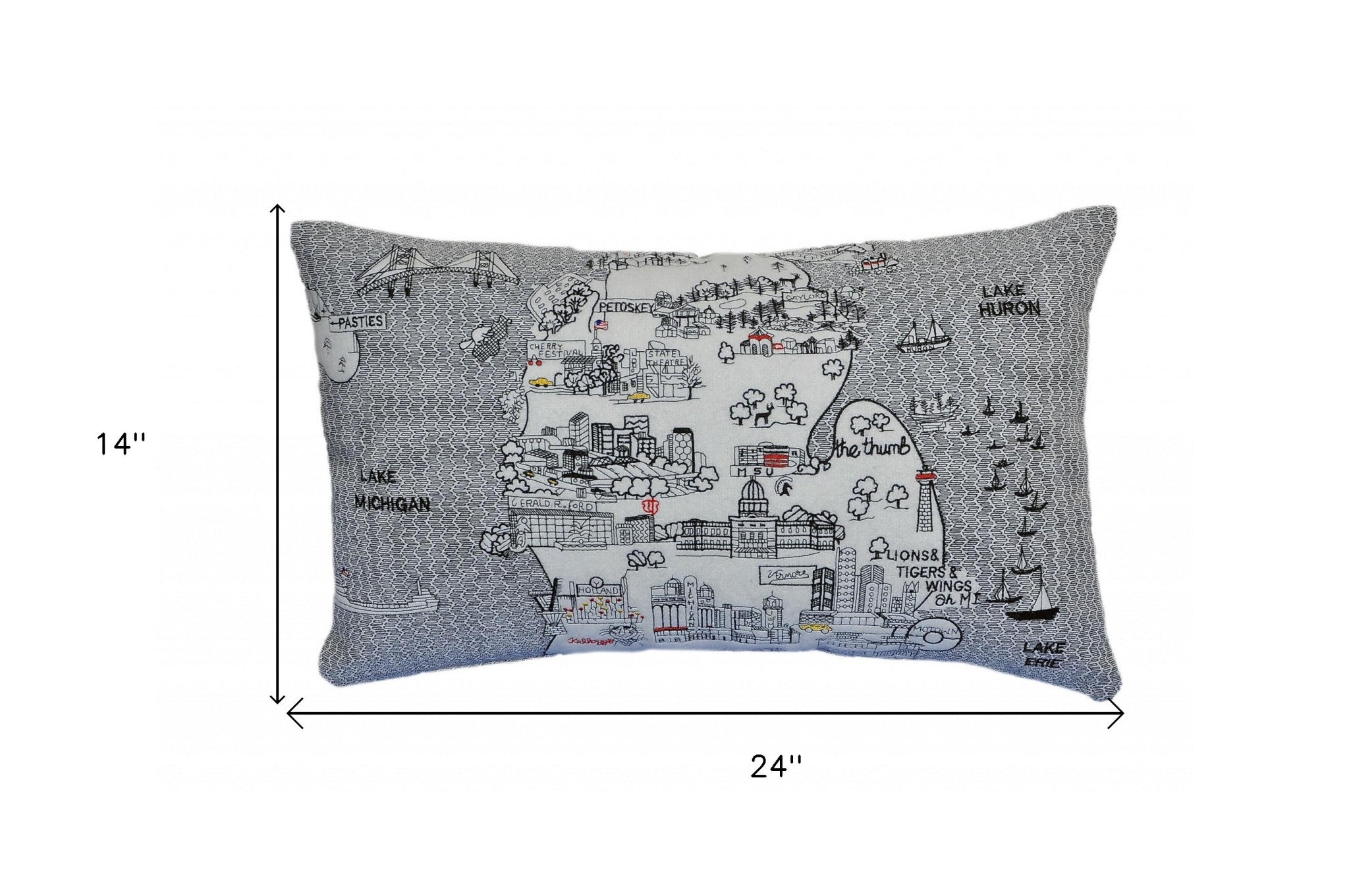 24" White Michigan Lower Peninsula Daylight Skyline Lumbar Decorative Pillow