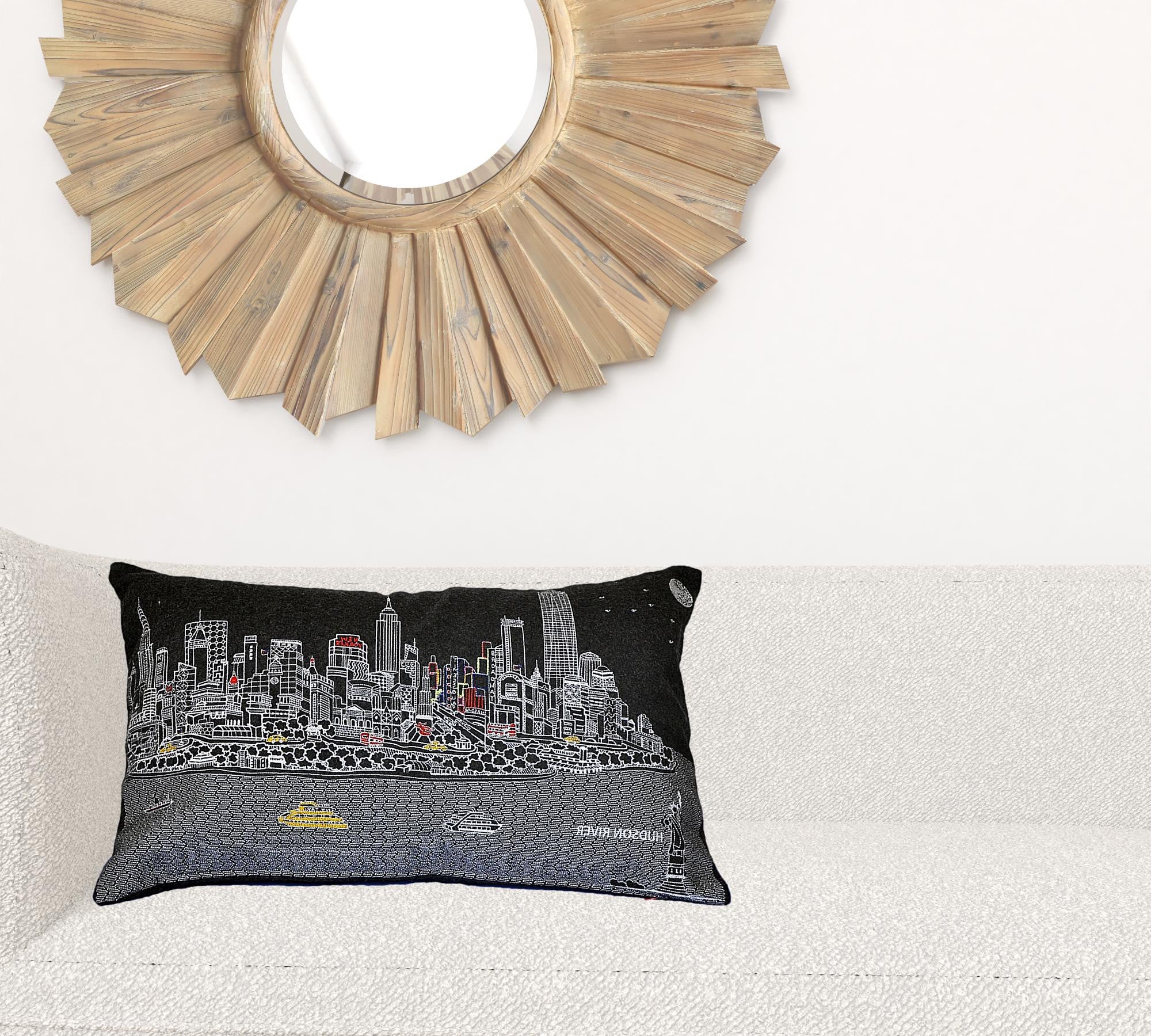 24" Black and White NYC Nighttime Skyline Lumbar Decorative Pillow