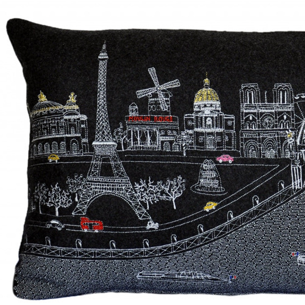 24" Black and White Paris Nighttime Skyline Standard Lumbar Decorative Pillow
