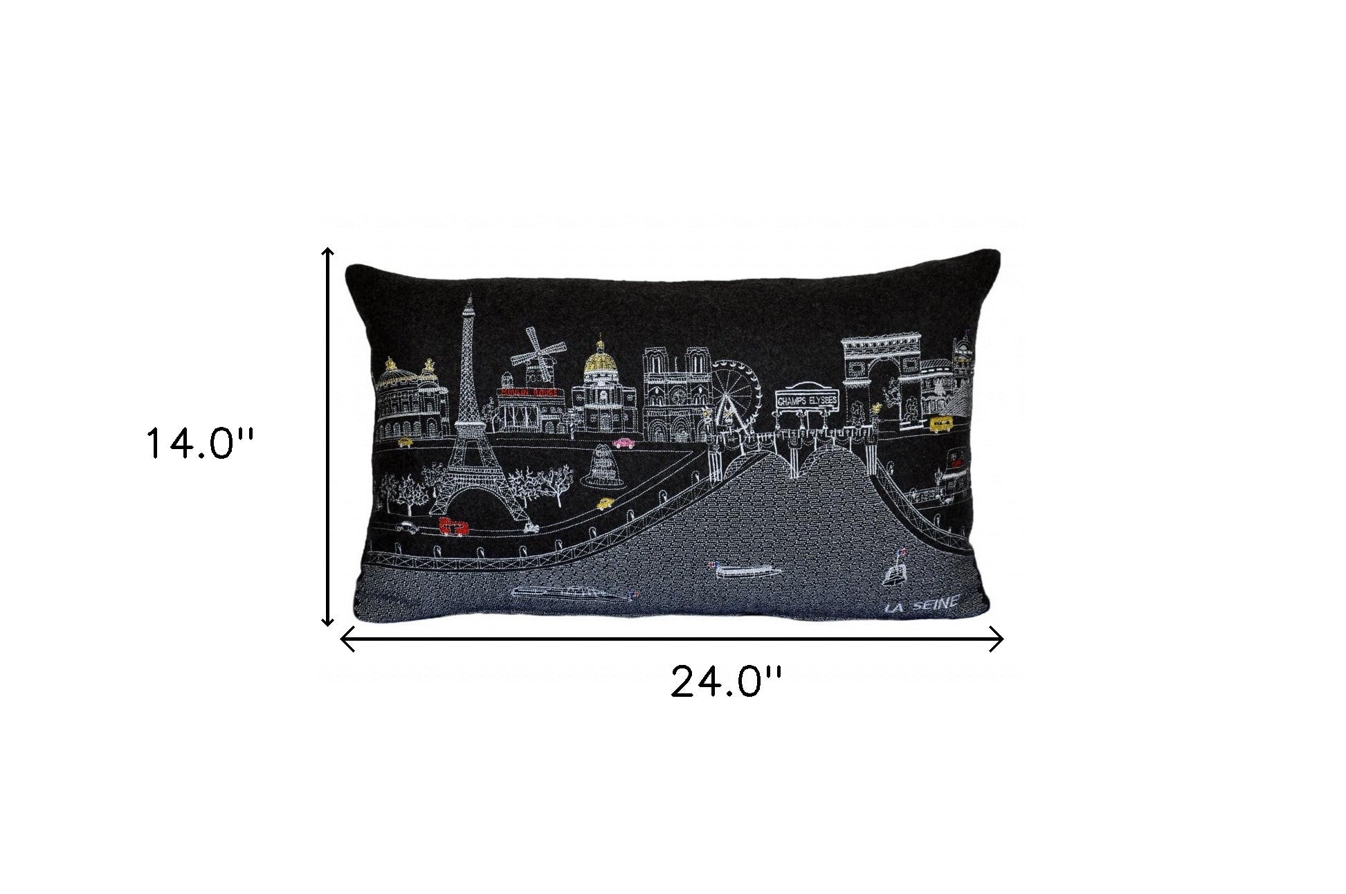 24" Black and White Paris Nighttime Skyline Standard Lumbar Decorative Pillow