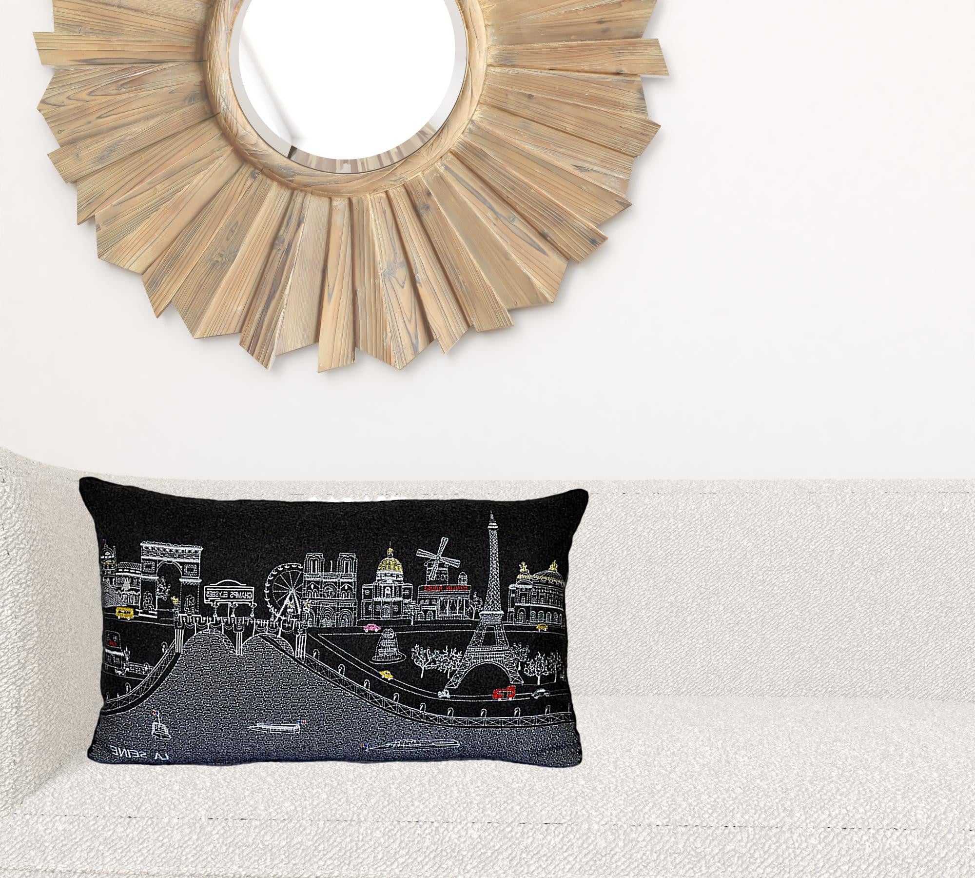 24" Black and White Paris Nighttime Skyline Standard Lumbar Decorative Pillow