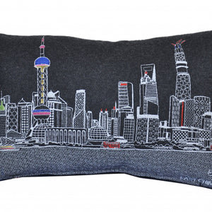 24" Black Shanghai  Nighttime Skyline Lumbar Decorative Pillow